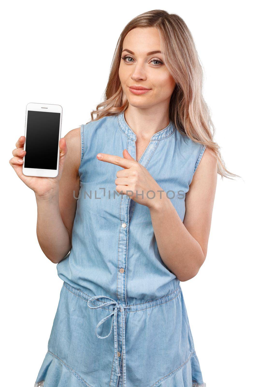 Portrait of a smiling woman showing blank smartphone screen isolated on a white background, close up