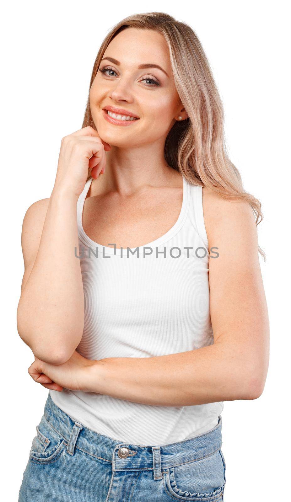 Portrait of young beautiful girl smiling looking at camera over white background, close up