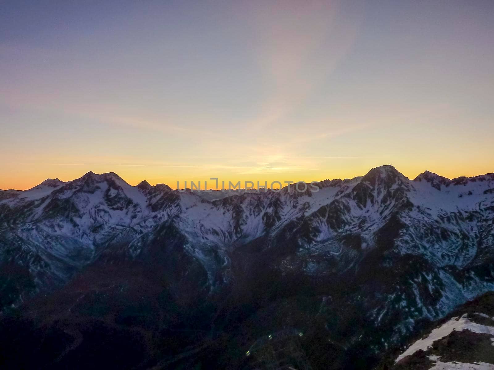 Val Senales panorama of the mountain and the snowy valley at sunset. High quality photo