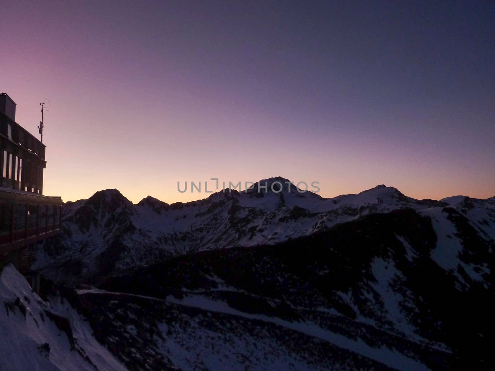 Val Senales panorama of the mountain and the snowy valley at sunset. High quality photo