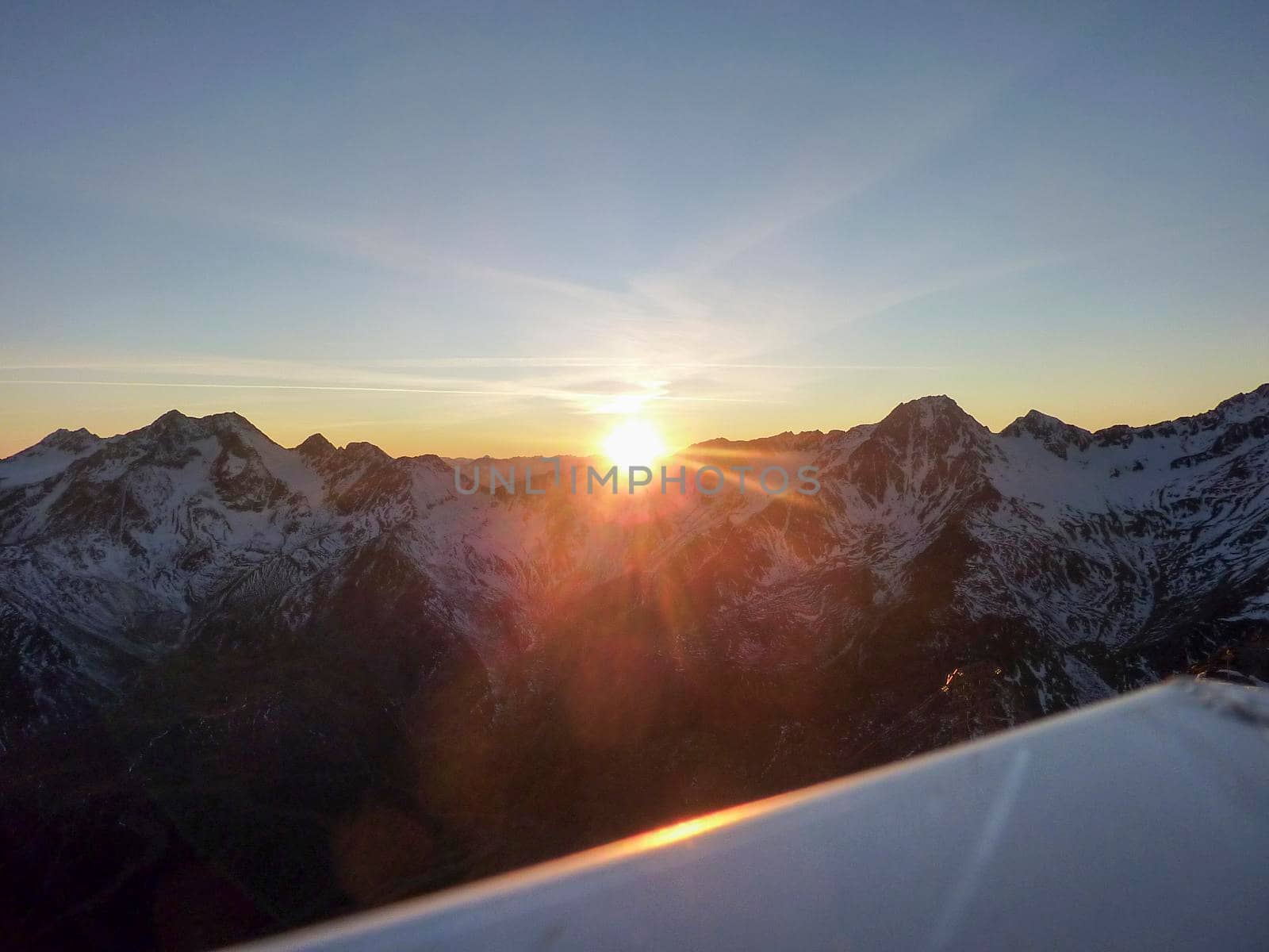 Val Senales panorama of the mountain and the snowy valley at sunset. High quality photo