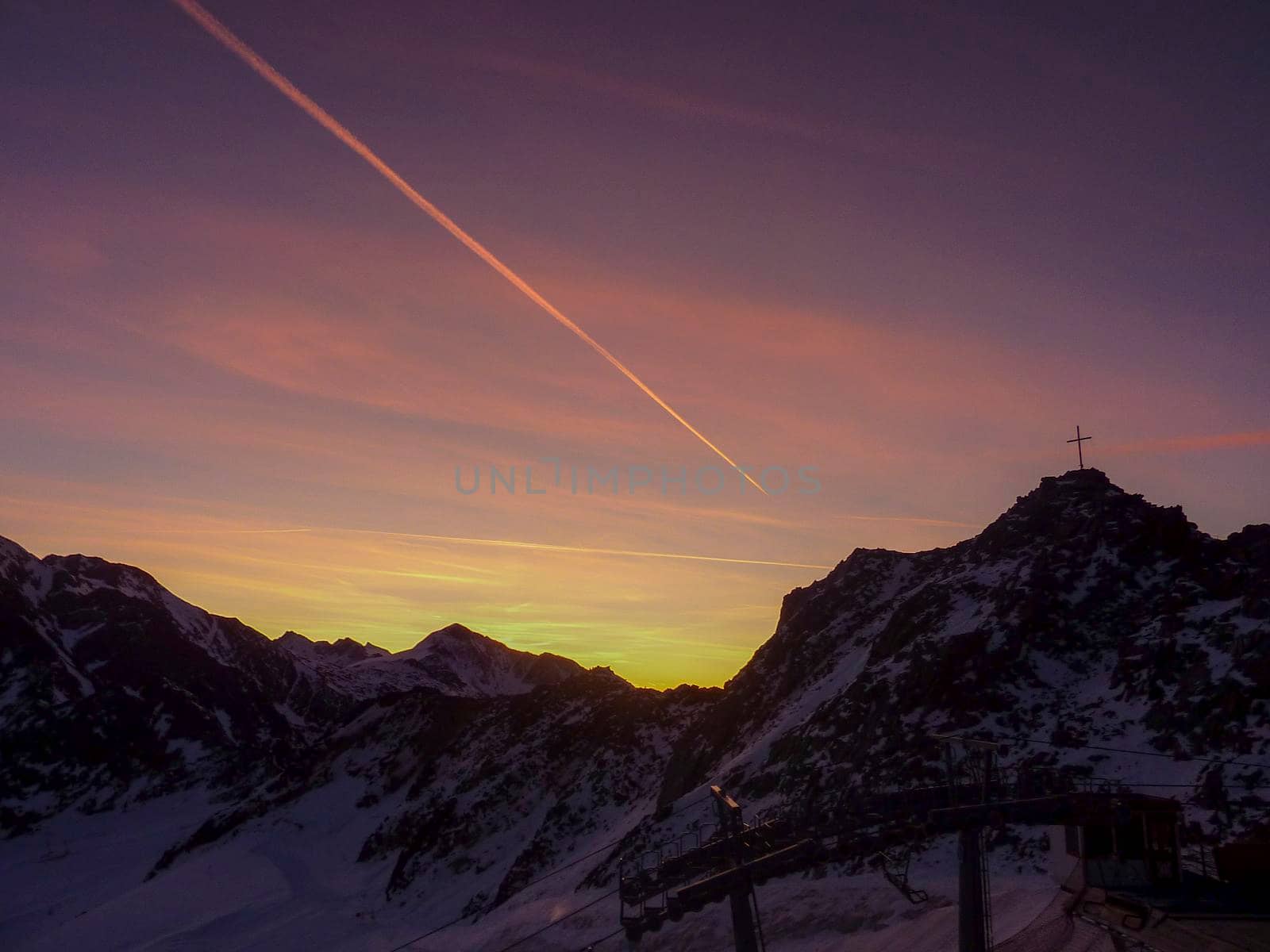 Val Senales panorama of the mountain and the snowy valley at sunset. High quality photo