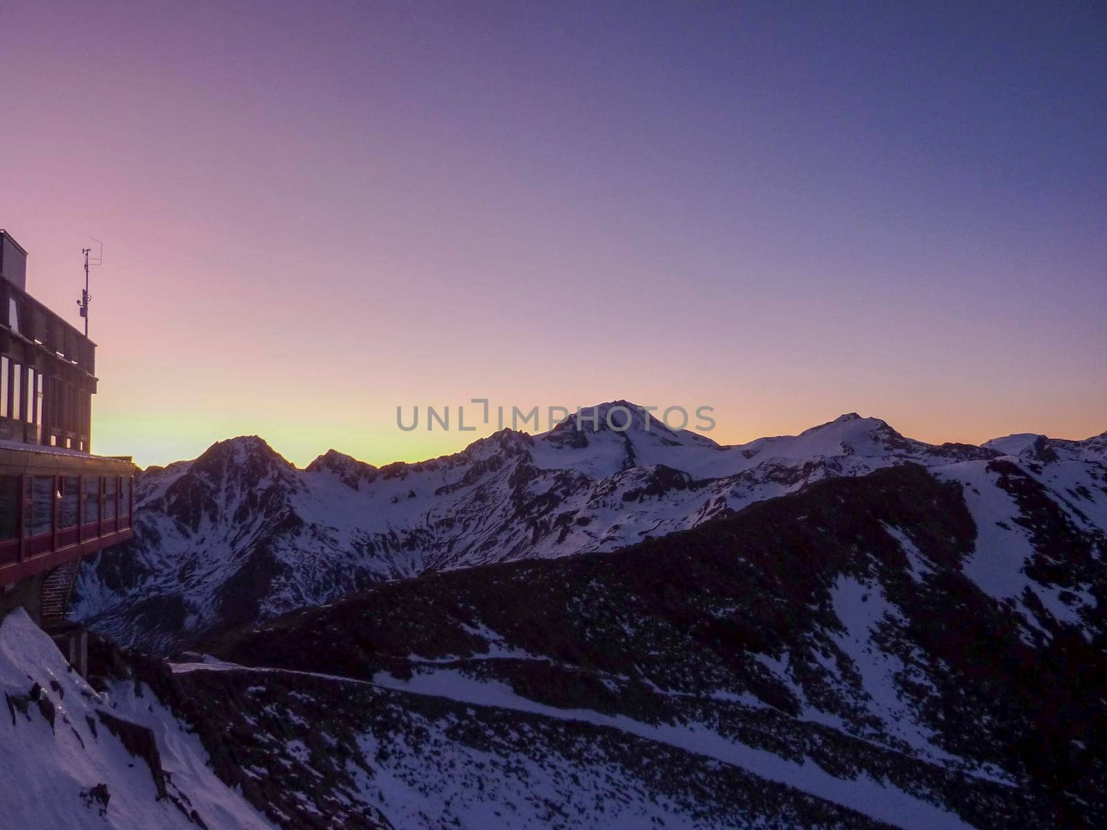 Val Senales panorama of the mountain and the snowy valley at sunset. High quality photo