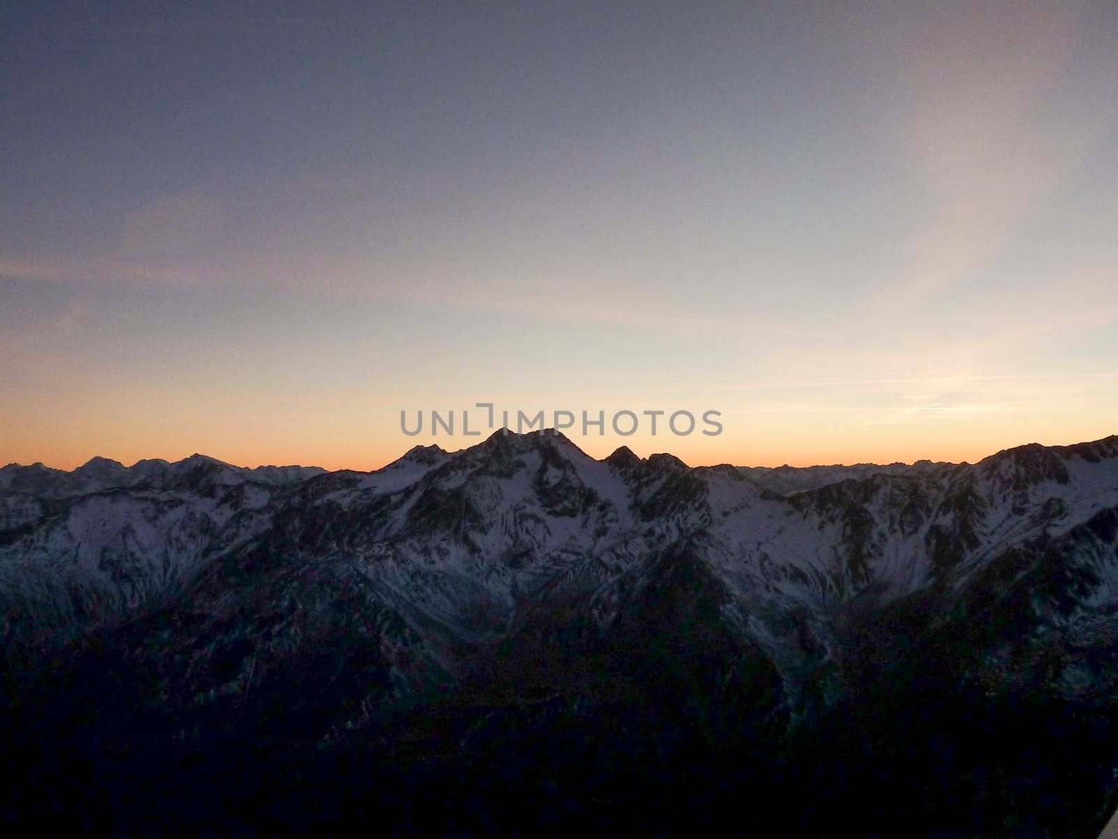 Val Senales panorama of the mountain and the snowy valley at sunset. High quality photo