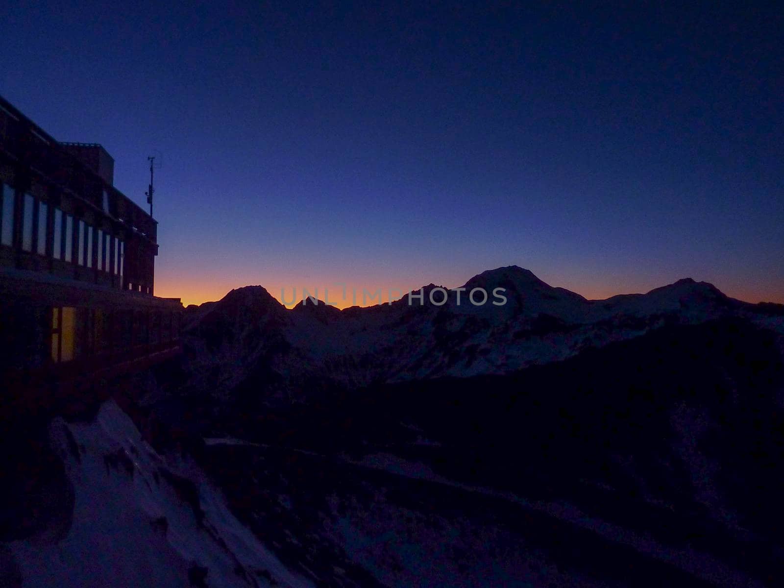 Val Senales panorama of the mountain and the snowy valley at sunset. High quality photo