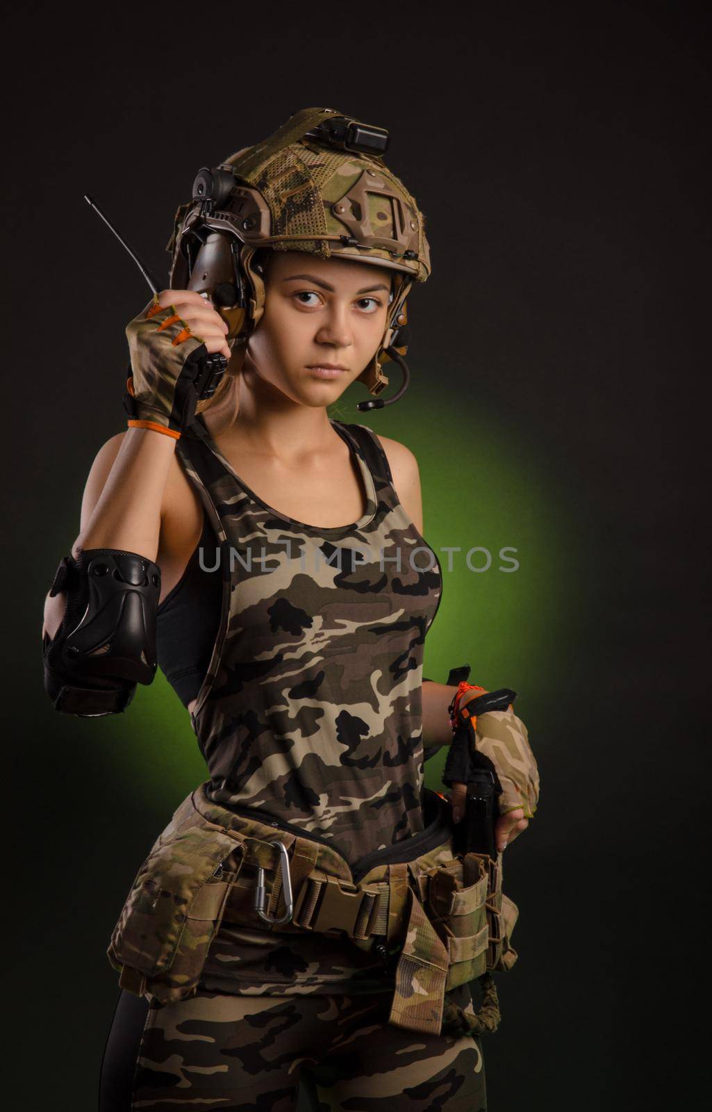 girl in a military uniform helmet says on the radio by Rotozey