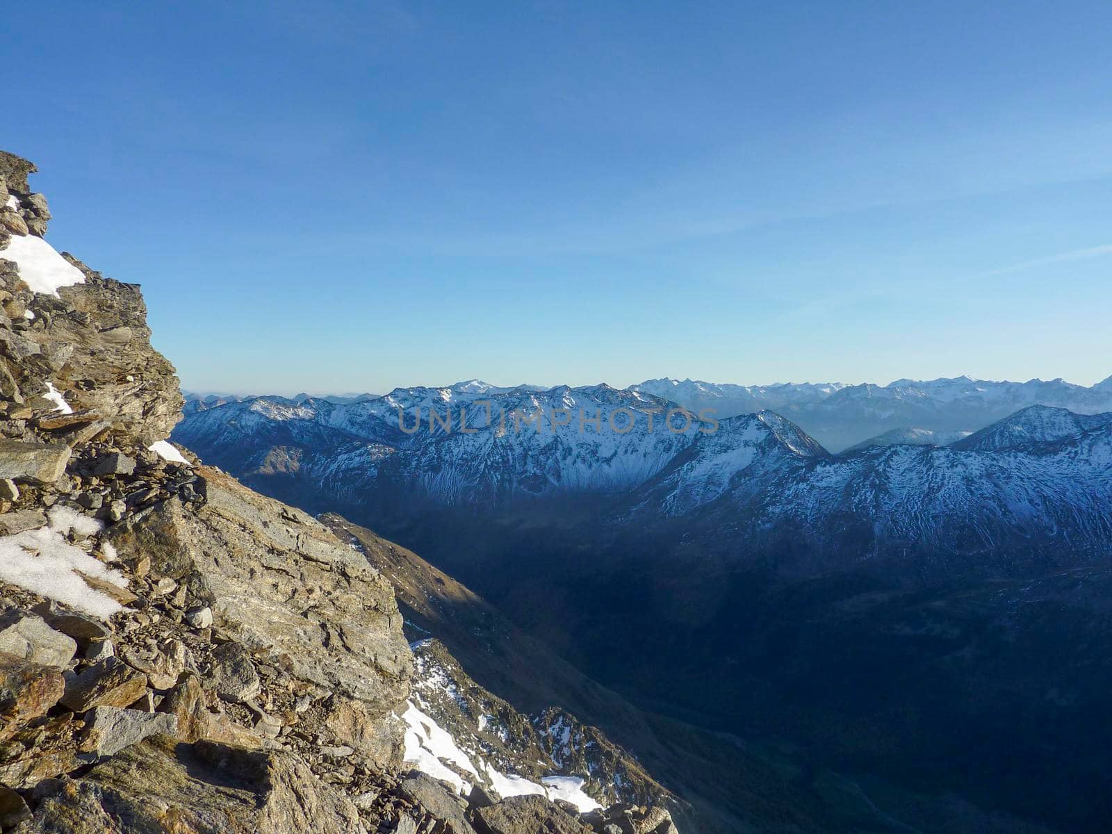 Val Senales panorama of the mountain and the snowy valley in sunny day. High quality photo