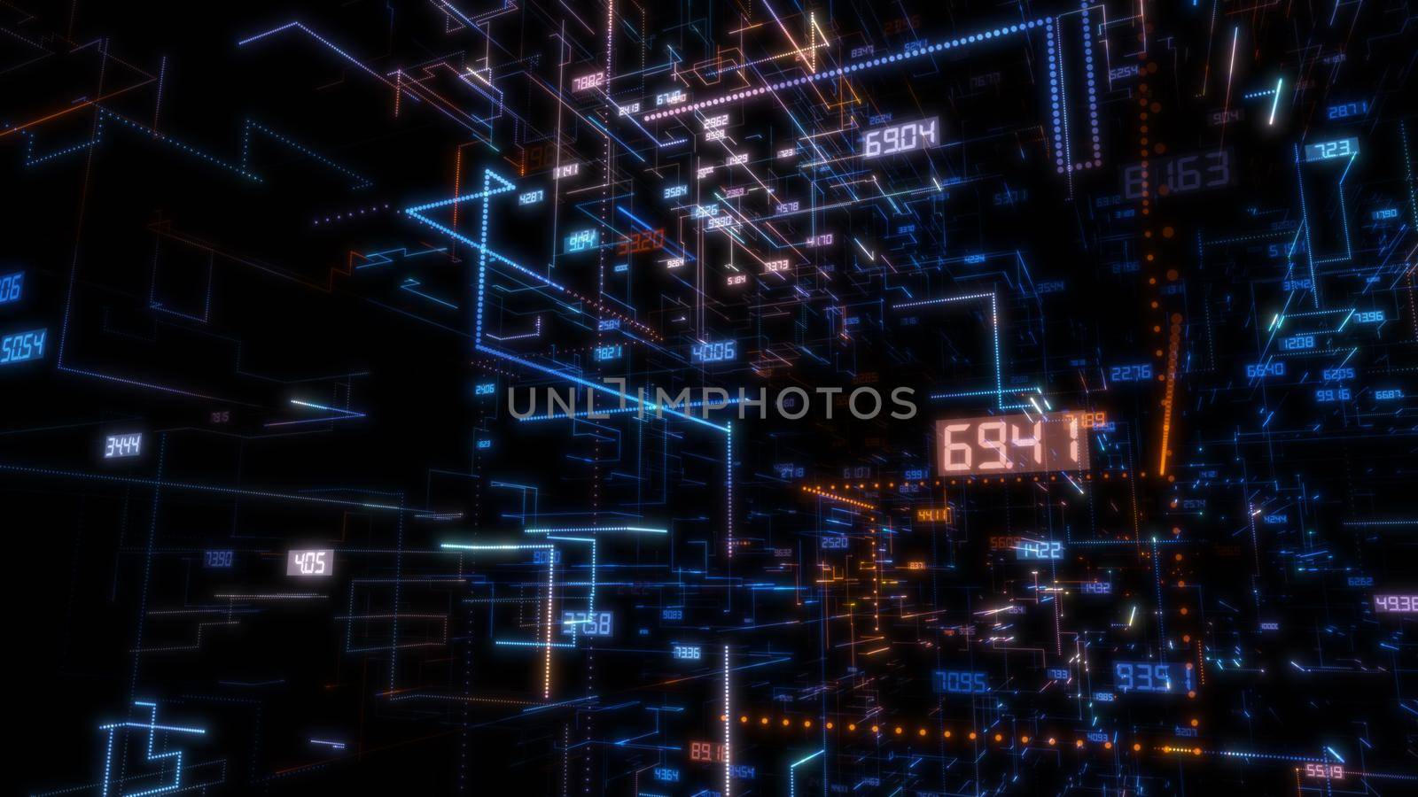 Luminous elements with numbers. The concept of the modern digital world. 3d illustration