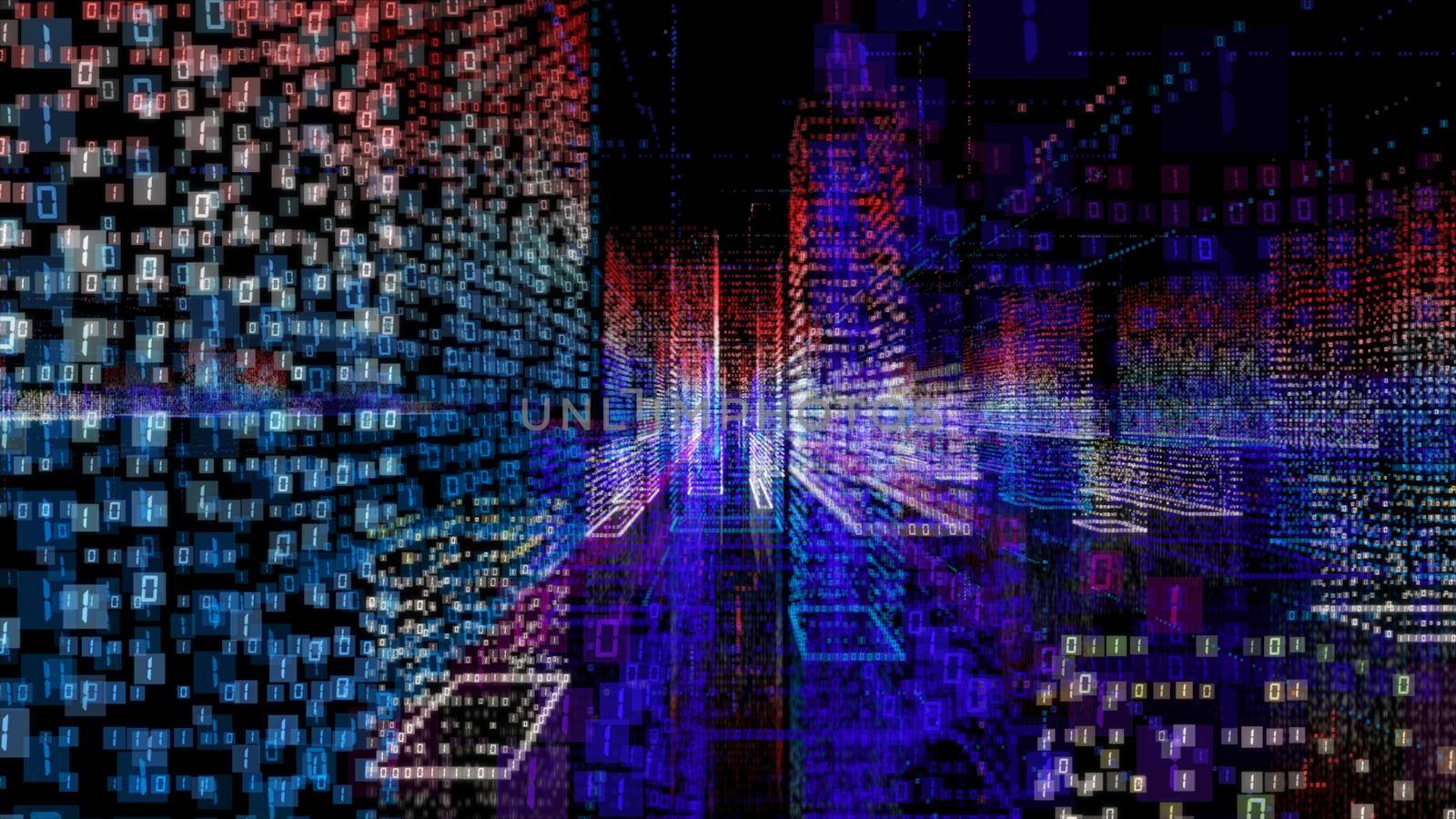 Abstract hologram 3D city with digital buildings and binary code particles network. Technology and connection concept. 3d illustration