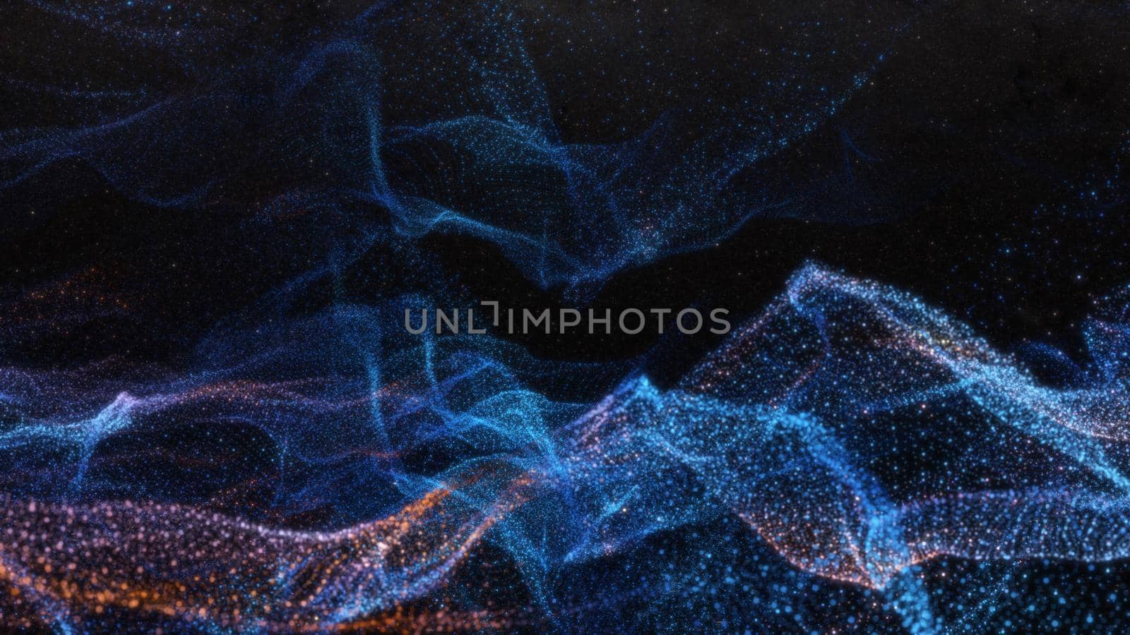 Abstract particle waves with depth of field effect. Futuristic 3d illustration. Technology concept. Cyber UI, HUD element