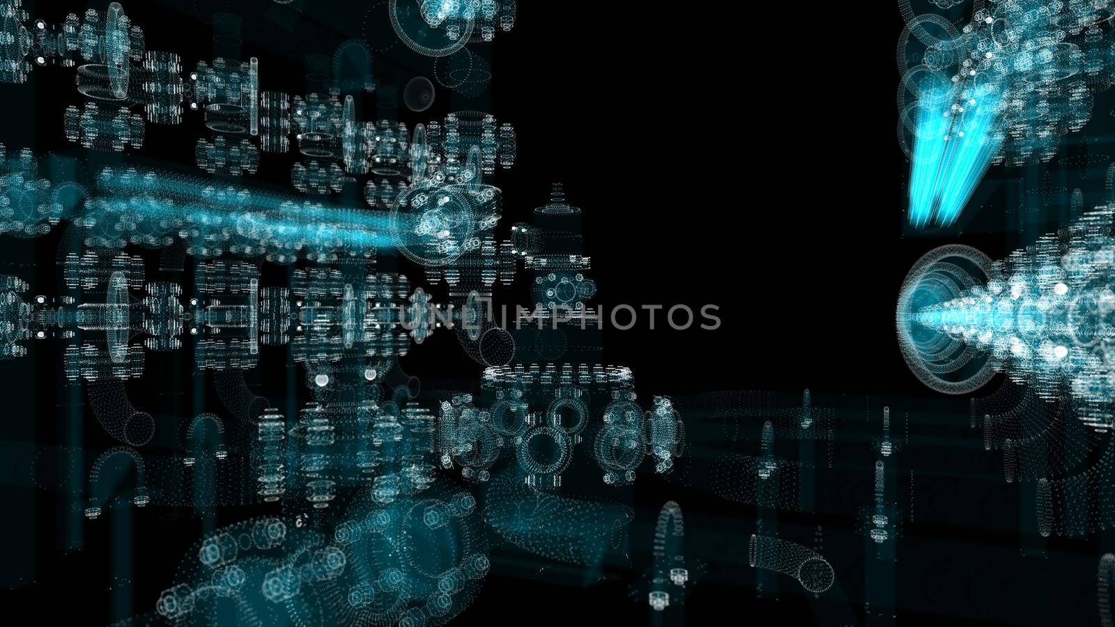 Industrial Technology Concept. Particle hologram industrial equipment, valves, pipes and sensors. Industry 4.0 High Tech Concept. 3d illustration