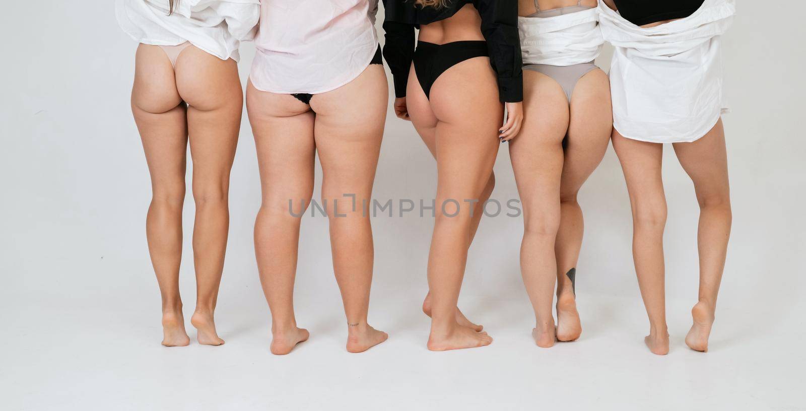diverse models wearing comfortable underwearstanding back to camera on white background. Ntural unique beauty