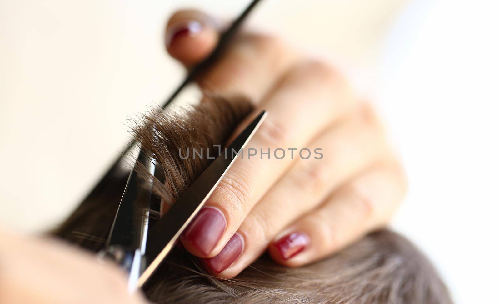 Hairdresser cuts ends of client hair. Trimming ends of the hair in salon concept