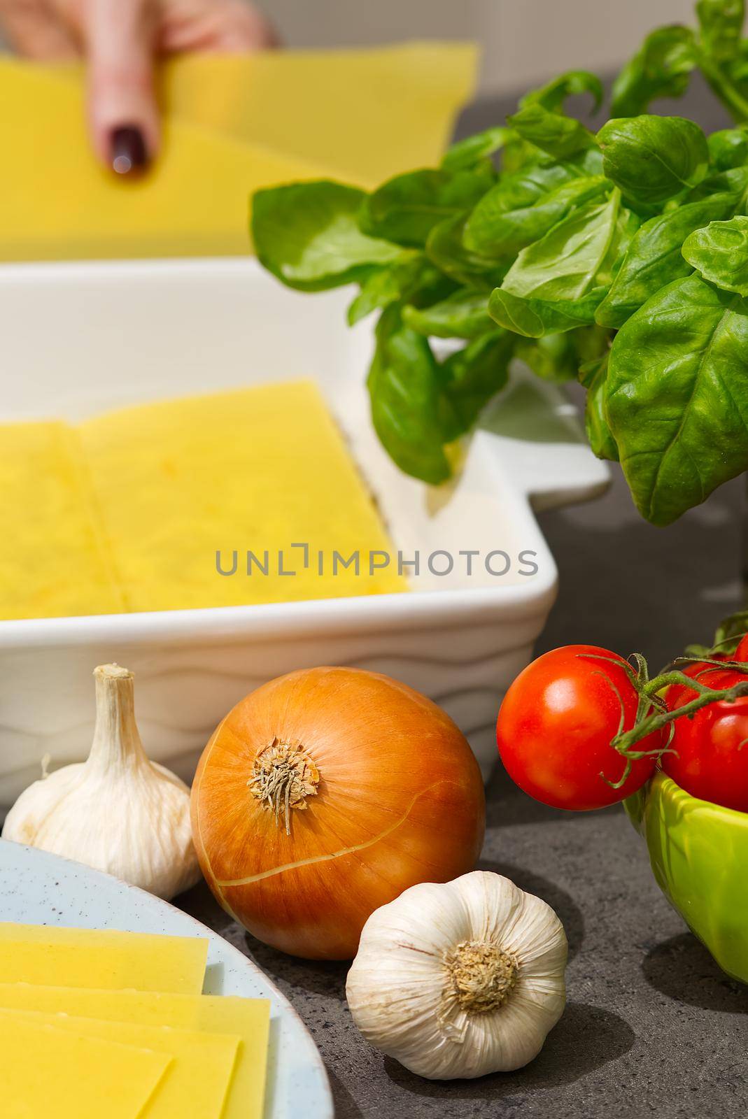 Woman preparing meat lasagna in kitchen. lasagna recipe - Italian food by PhotoTime