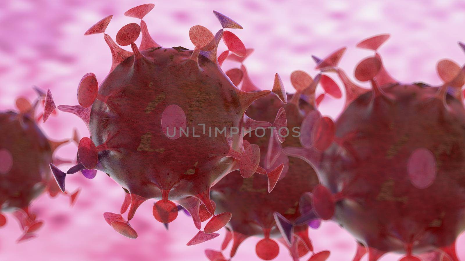 Coronavirus 2019-nCov novel coronavirus concept resposible for asian flu outbreak and coronaviruses influenza as dangerous flu strain cases as a pandemic. Microscope virus close up. On red background. 3d rendering