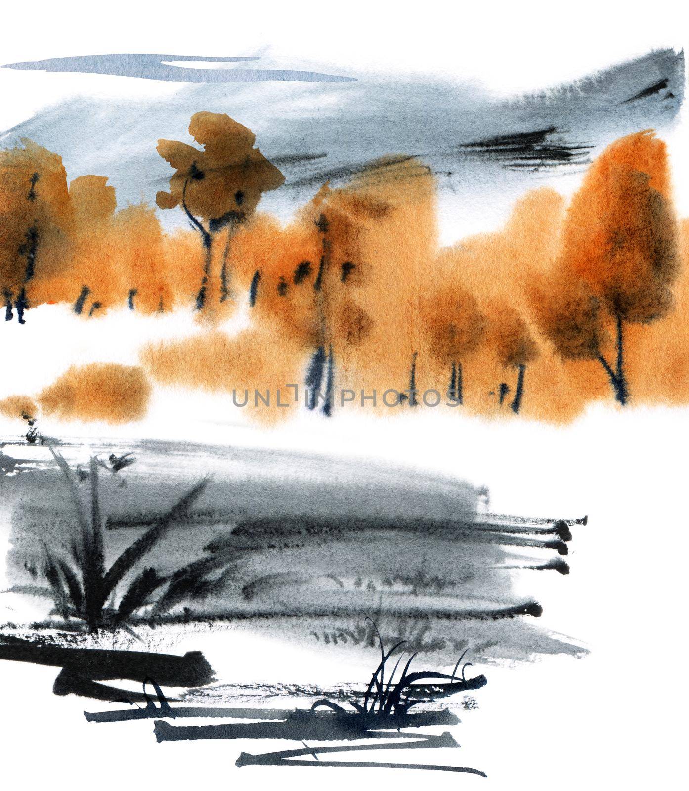 Watercolor autumn landscape with trees and grass. Painting in wet tecnique alla prima.