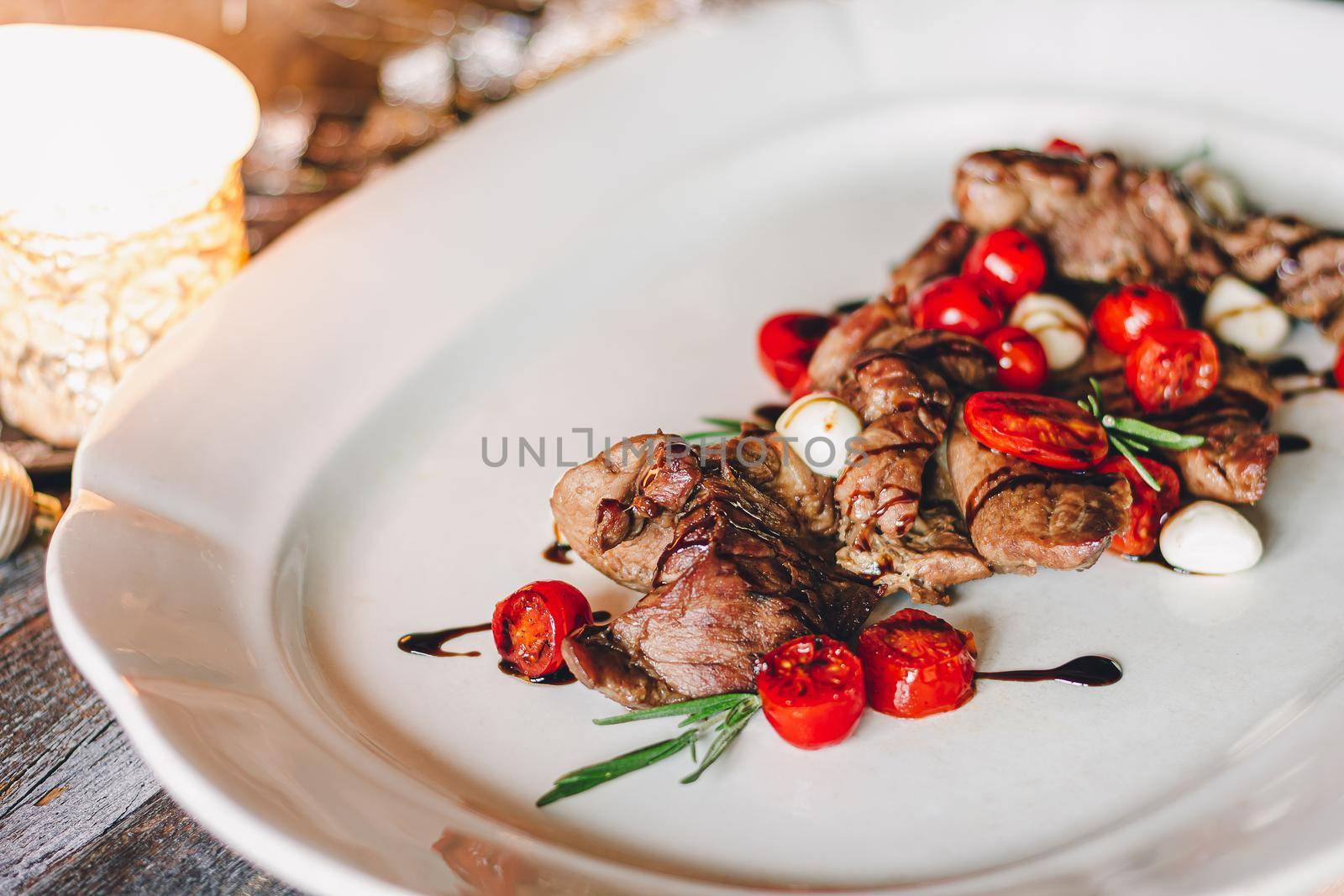 Catering table set service at restaurant before party. Meat with cherry tomatoes by mmp1206