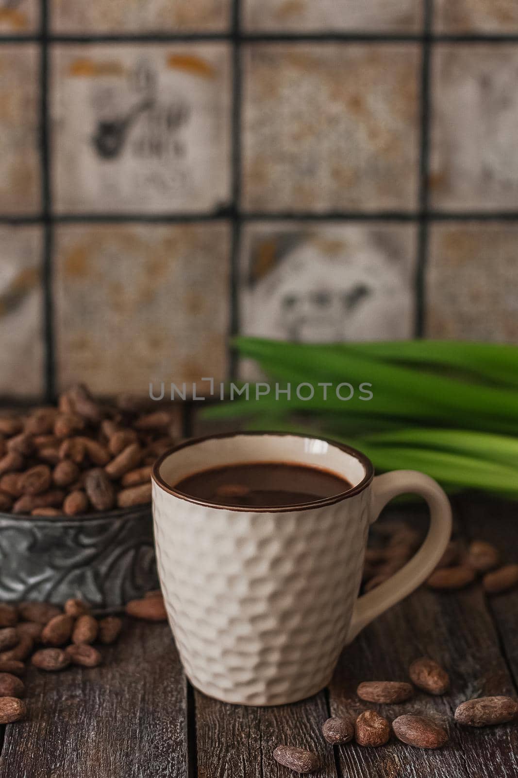 Hot chocolate drink in a white cup, chocolate cubes, cinnamon sticks and coffee bean on the dark wooden background.