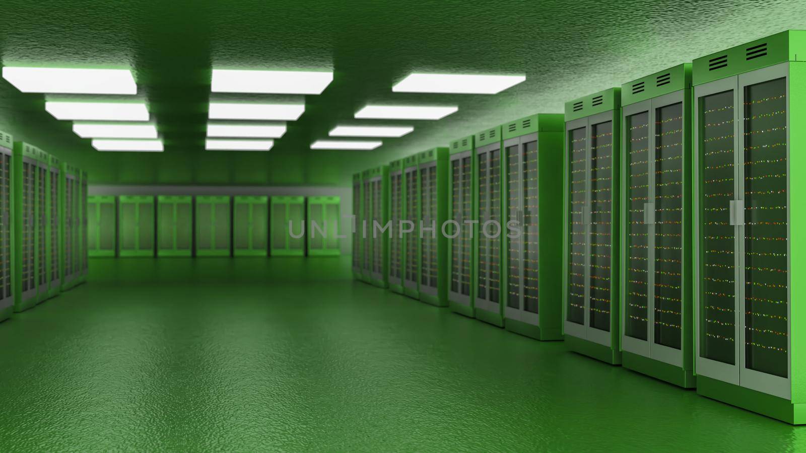 Servers. Servers room data center. Backup, mining, hosting, mainframe, farm and computer rack with storage information. 3d rendering by kwarkot