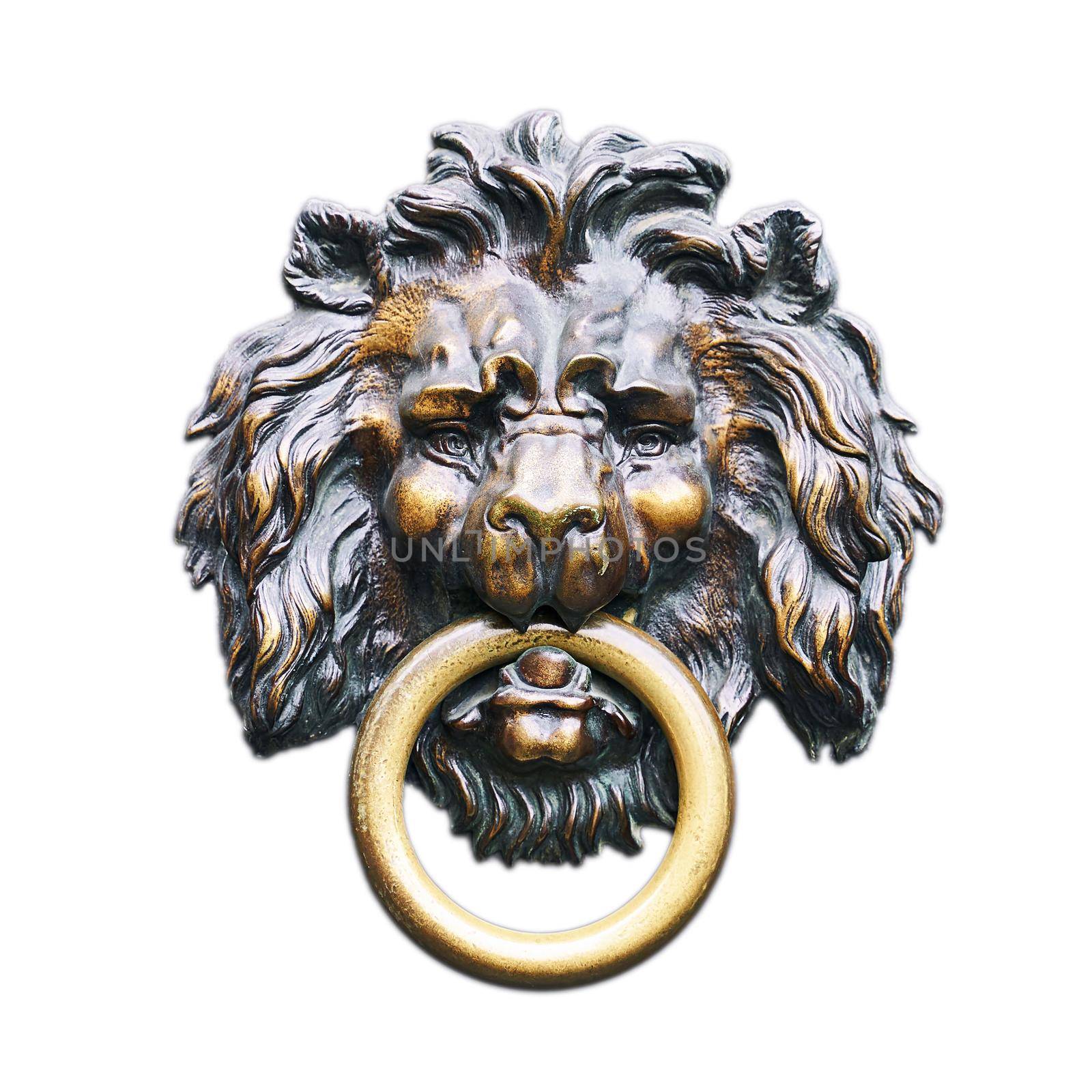 Vintage old bronze lion head isolated on white background
