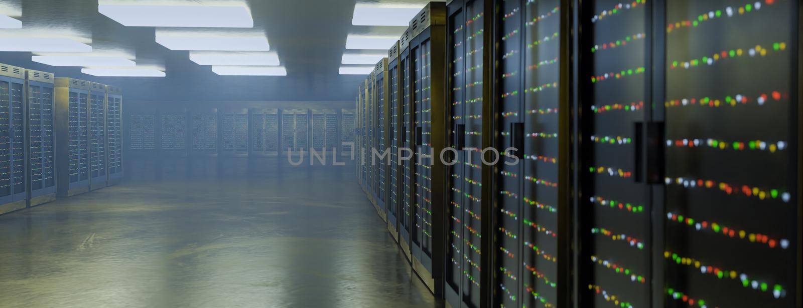 Servers. Servers room data center. Backup, mining, hosting, mainframe, farm and computer rack with storage information. 3d rendering by kwarkot