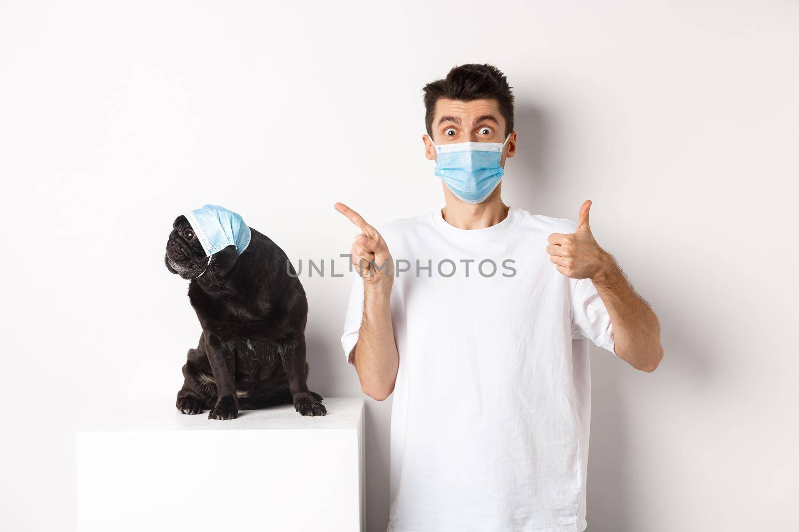 Covid-19, animals and quarantine concept. Young man and black dog wearing medical masks, pug looking at upper left corner and owner showing thumb-up to praise promo.