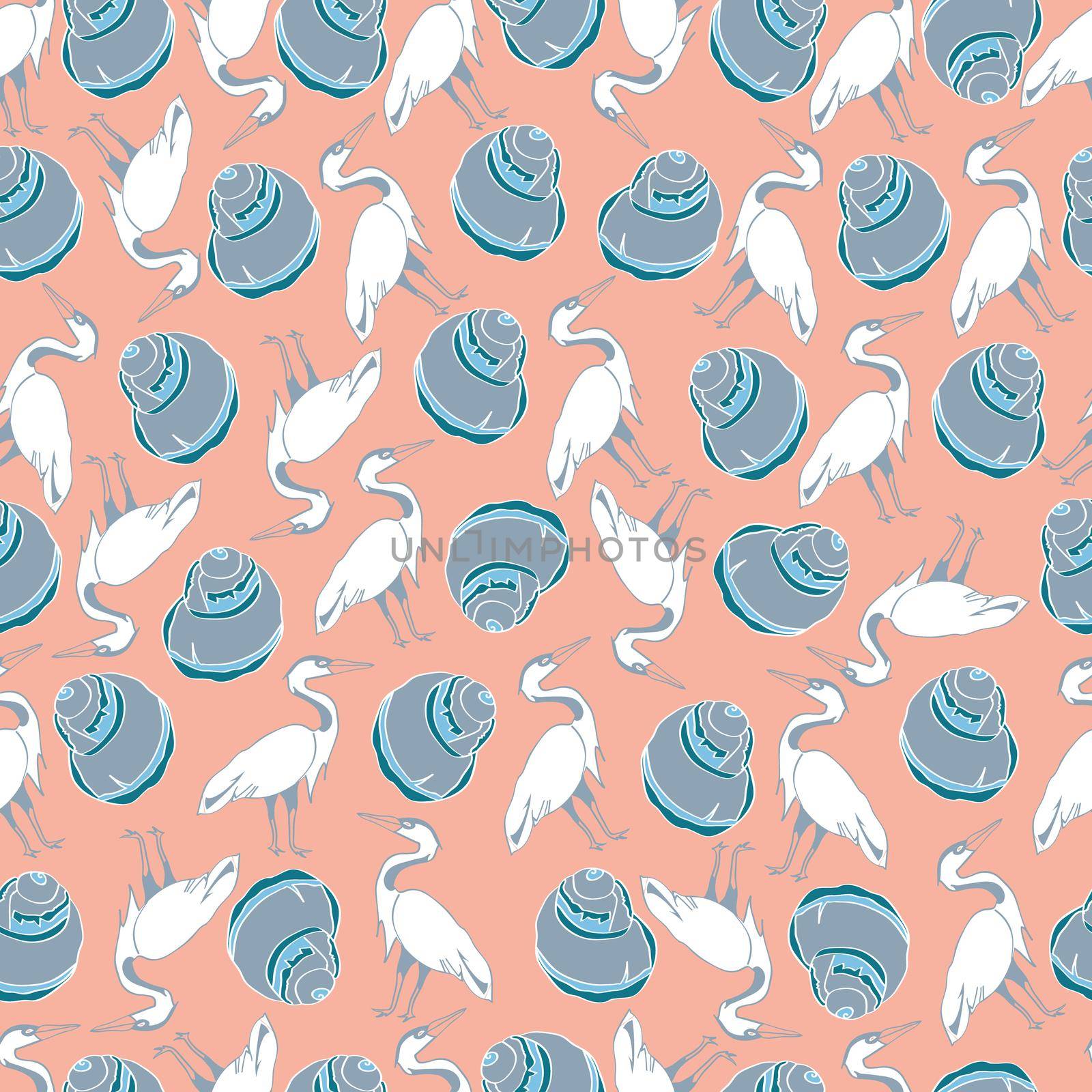 Nautical theme seamless pattern with storks and seashells on nude background. by rosewg