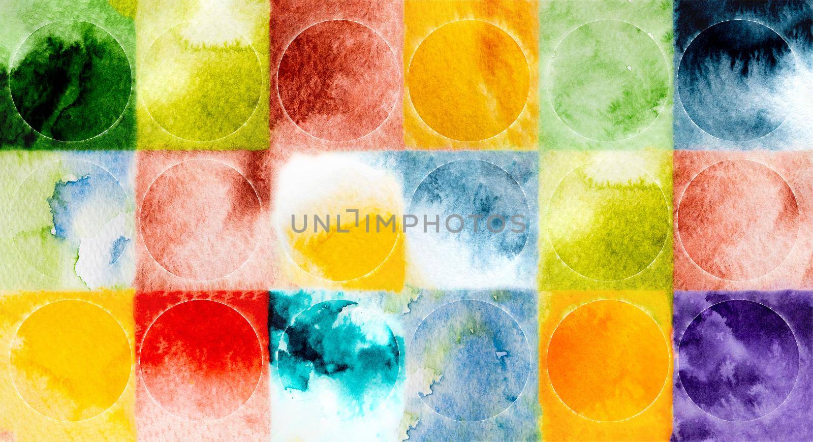 Watercolor abstract art paintings with colorful spheres composition. Aquarelle drawings on textured paper canvas