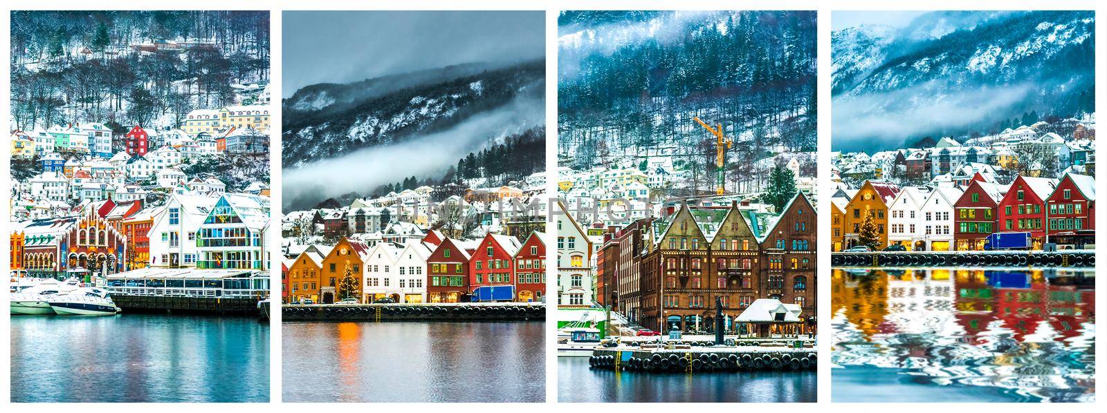 Watercolor paintings set of town Bergen, Norway with colorful buildings. Beautiful aquarelle drawings with cityscape