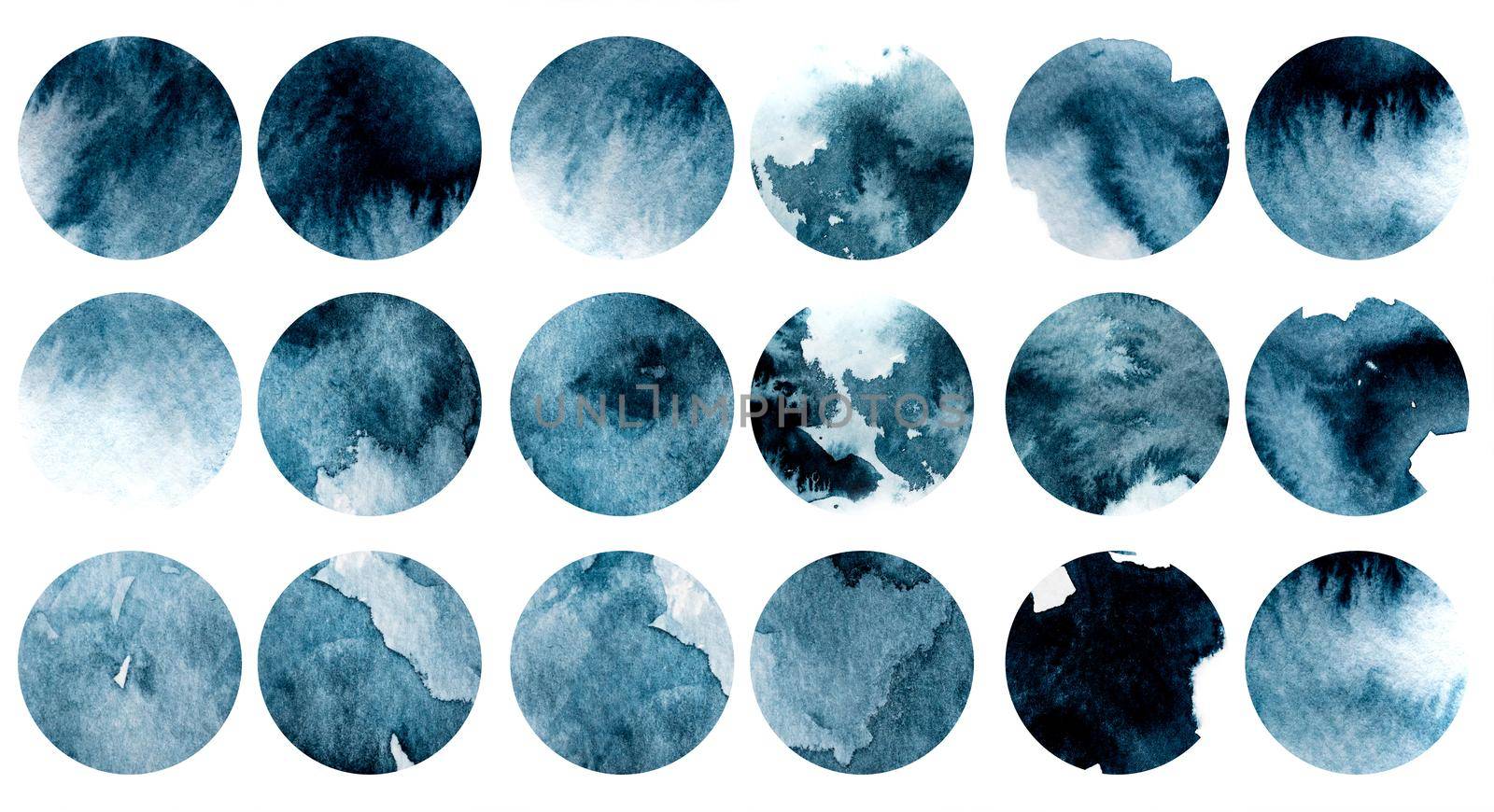 Watercolor abstract art paintings with blue spheres isolated on white background. Aquarelle drawings on textured paper canvas