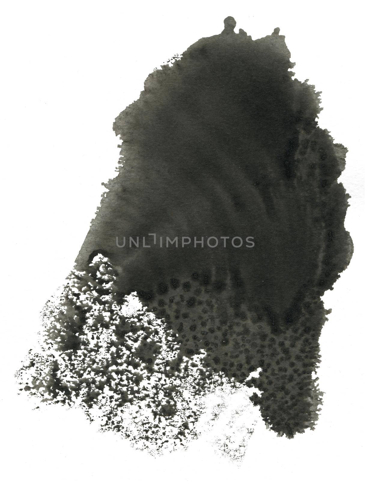 Black Hand drawn Abstract Watercolor Stain Isolated on White Background. Watercolour Spot for Decoration, Poster, Banner, Greeting Cards Design.