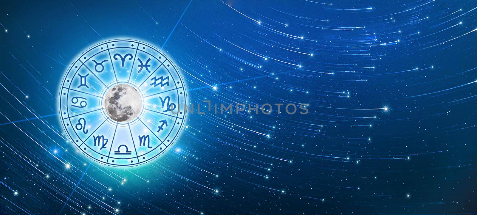 Zodiac signs inside of horoscope circle. Astrology in the sky with many stars and moons  astrology and horoscopes concept