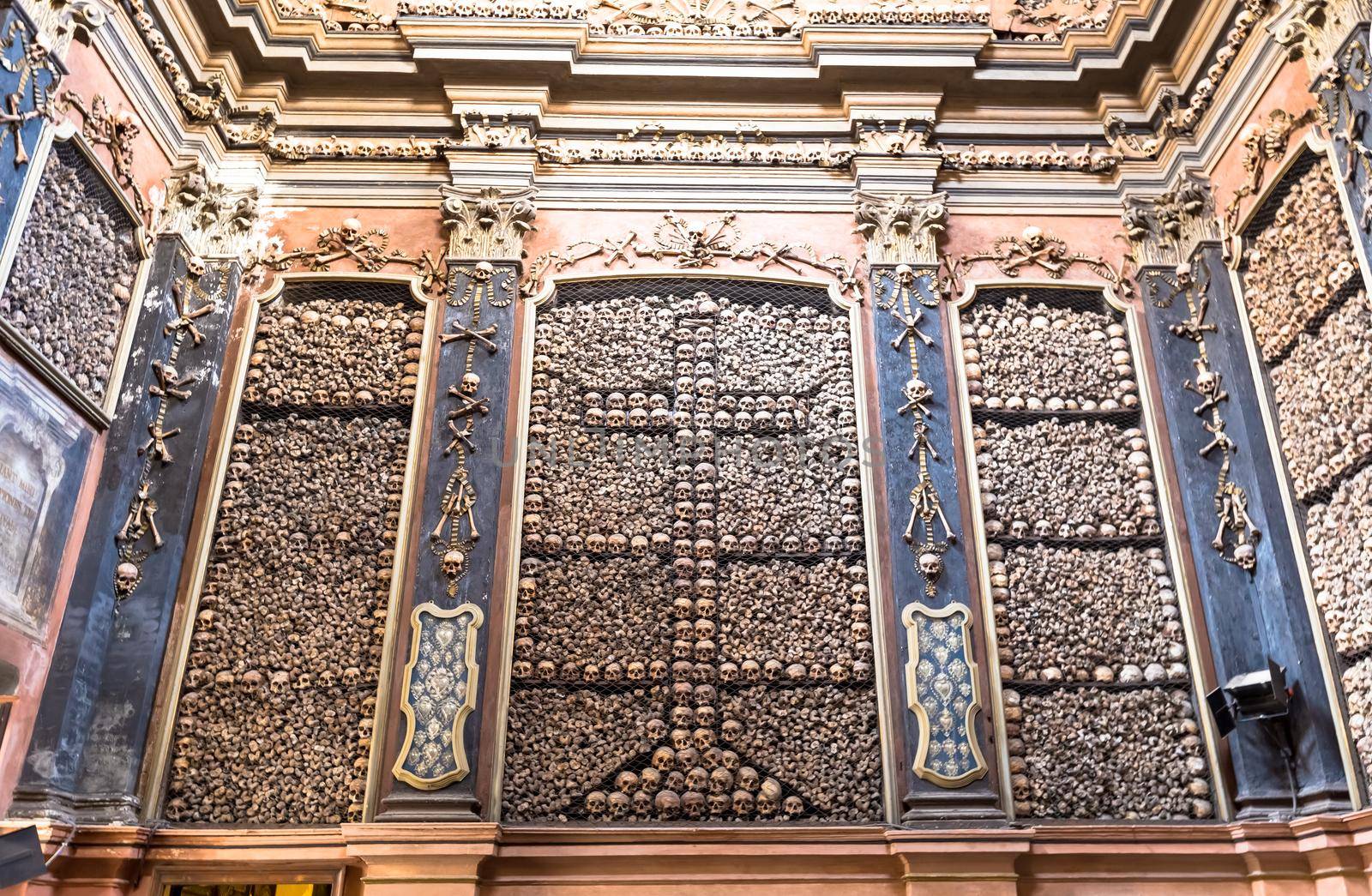 Milan, Italy - Circa August 2020. Ossuary Chapel in San Bernardino alle Ossa Church. Every architectural detail is clad in human bones.