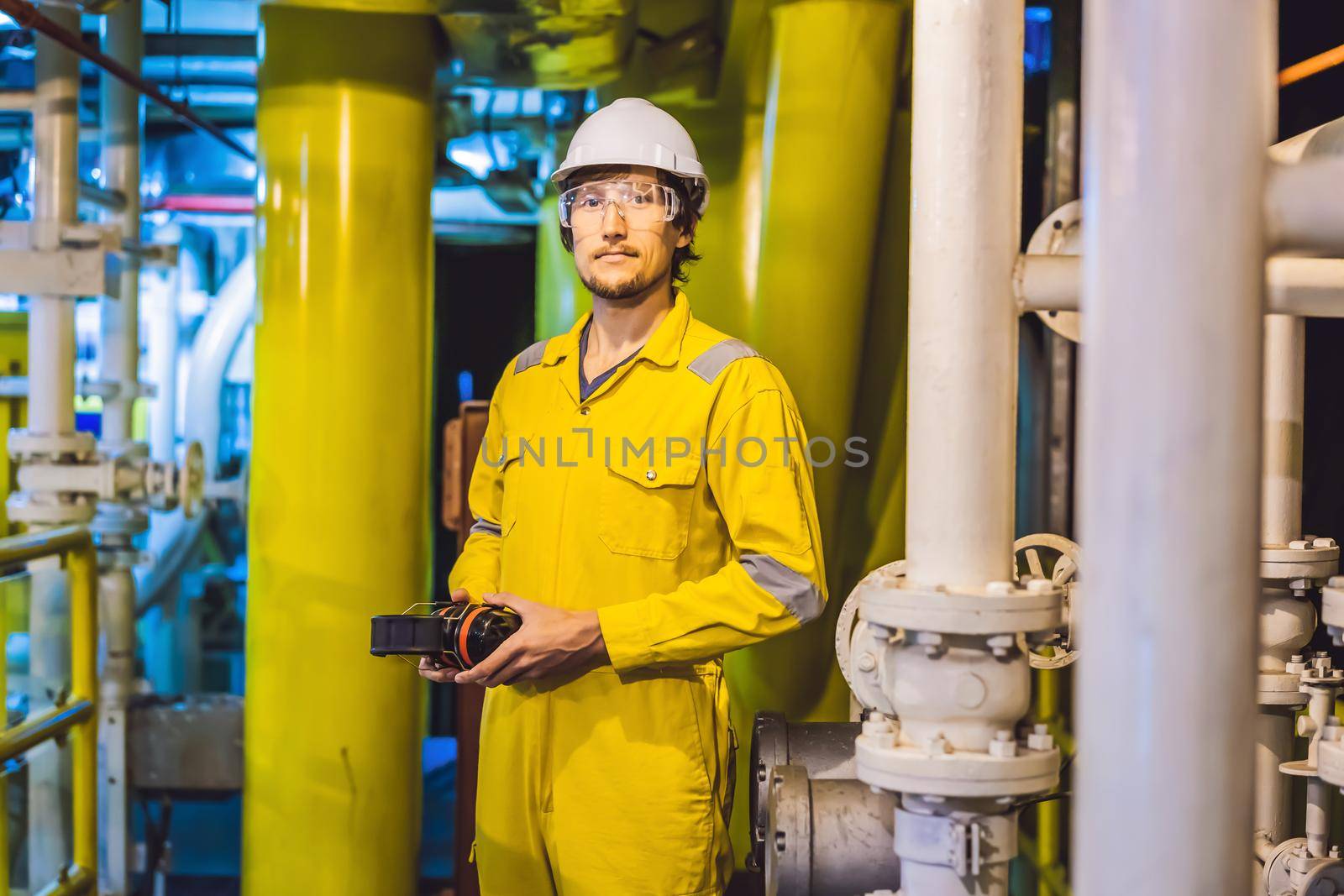 Young man in a yellow work uniform, glasses and helmet in industrial environment,oil Platform or liquefied gas plant.