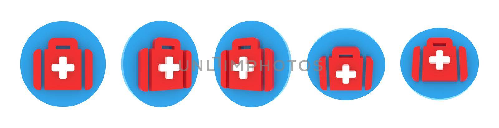 Volumetric round medical icon set, blue, red and white soft plastic. Different viewing angles, 3d rendering illustration