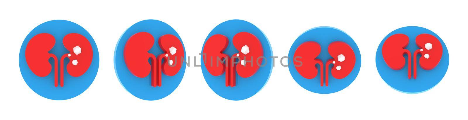 Volumetric round medical icon set, blue, red and white soft plastic. Different viewing angles, 3d rendering illustration