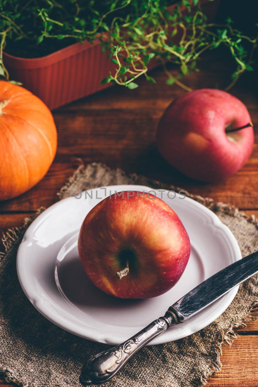 Red Apple on White Plate with Vintage Knife