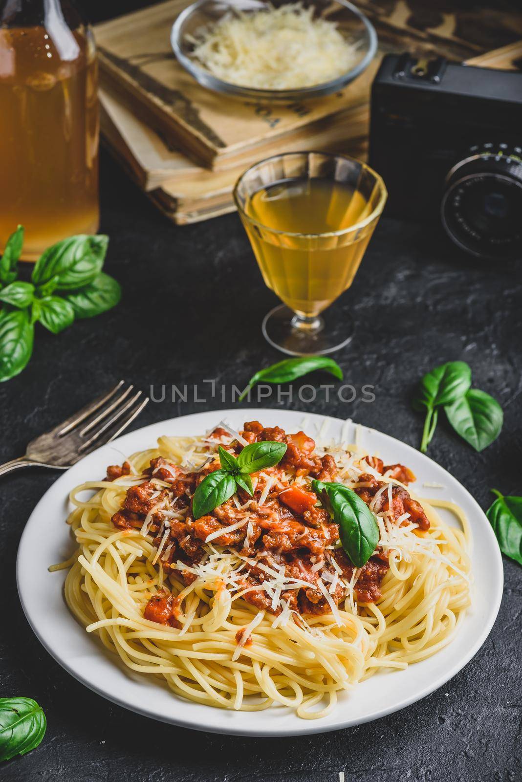 Spaghetti with bolognese sauce, parmesan and basil by Seva_blsv