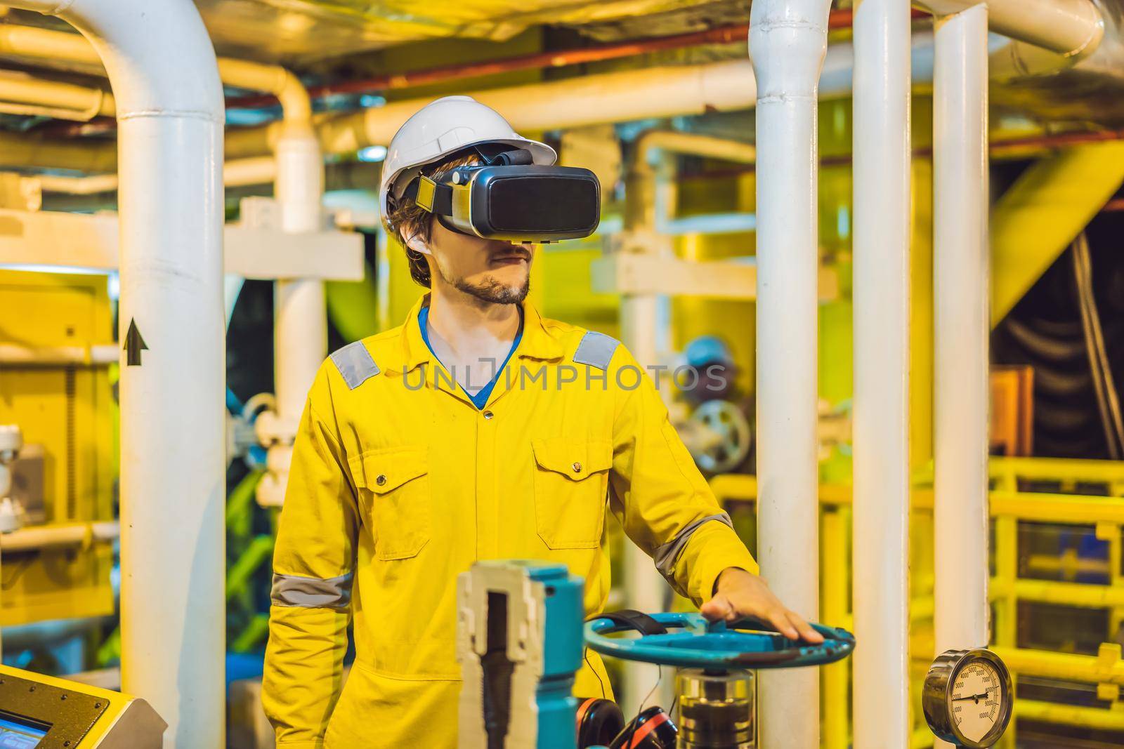 Young woman in a yellow work uniform, glasses and helmet uses virtual reality glasses in industrial environment, oil Platform or liquefied gas plant by galitskaya