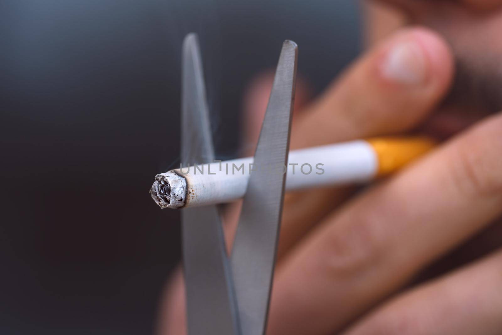 Cutting cigarette with scissors. Stop smoking, quit smoking or no smoking concept. Refusing tobacco and quit bad habit. High quality photo