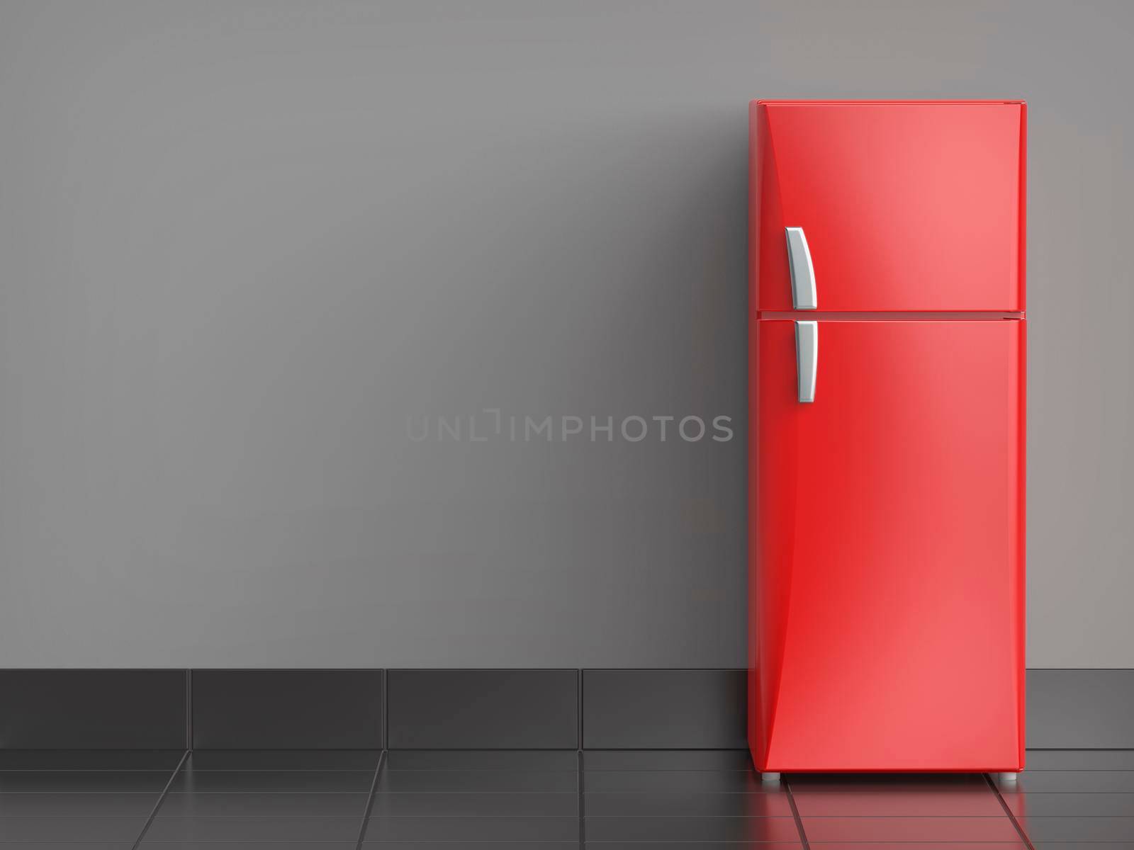 Red refrigerator in the kitchen, front view
