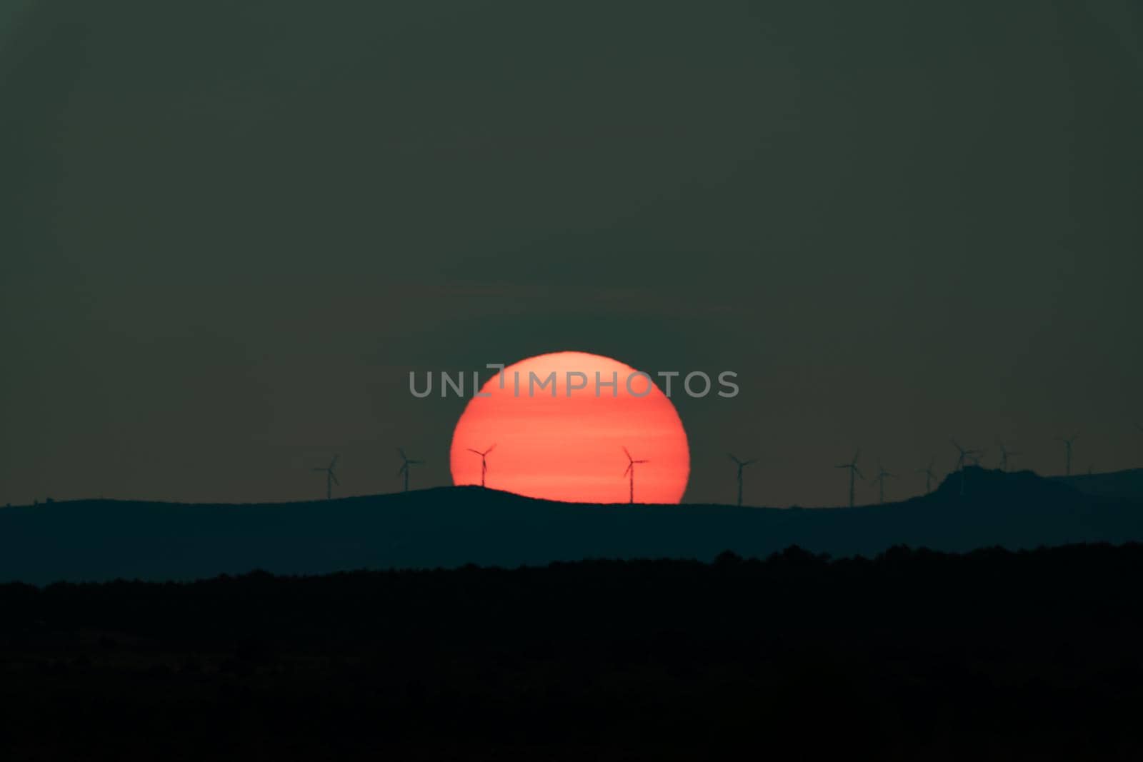 Huge orange sun at sunset with windmills silhouette
