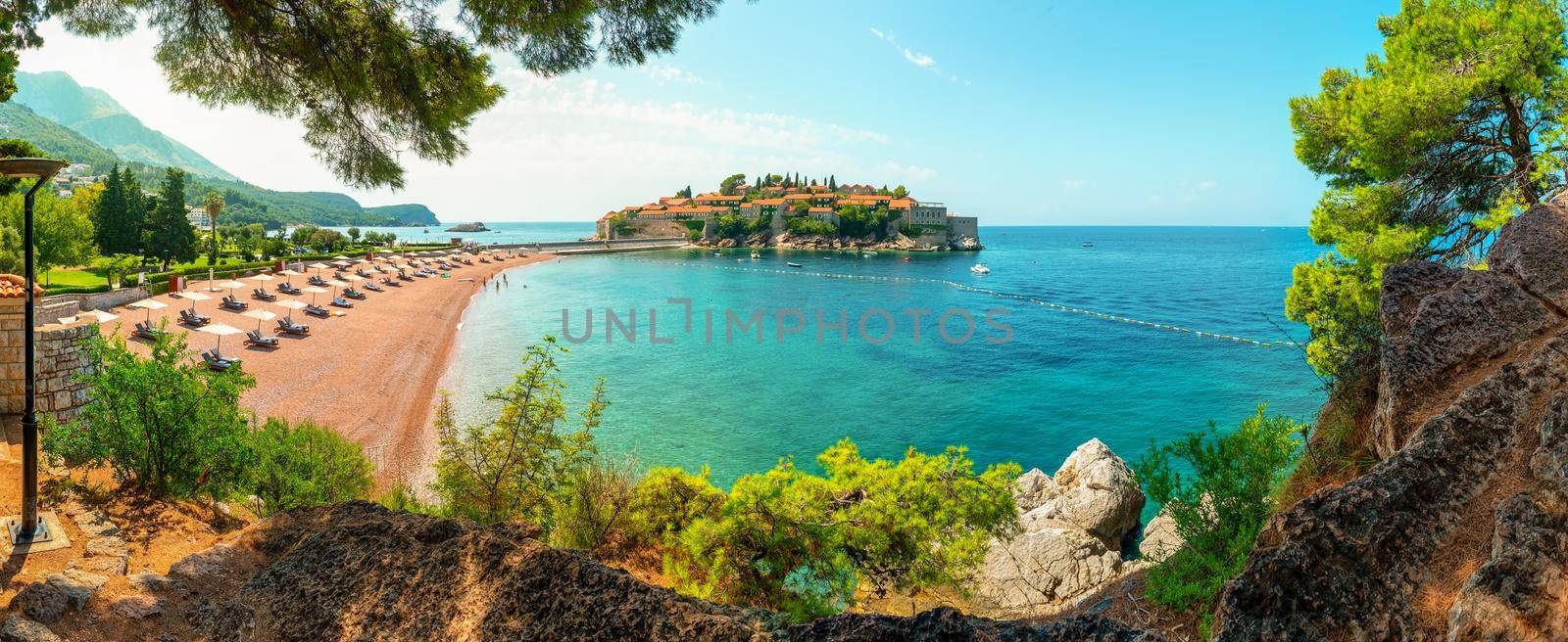 Panorama of the beach and the island of Sveti Stefan