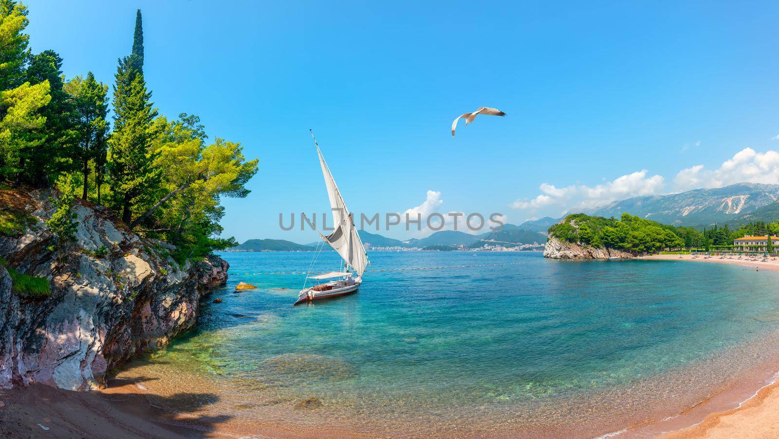Famous sandy beach Milocer in Montenegro near Sveti Stefan
