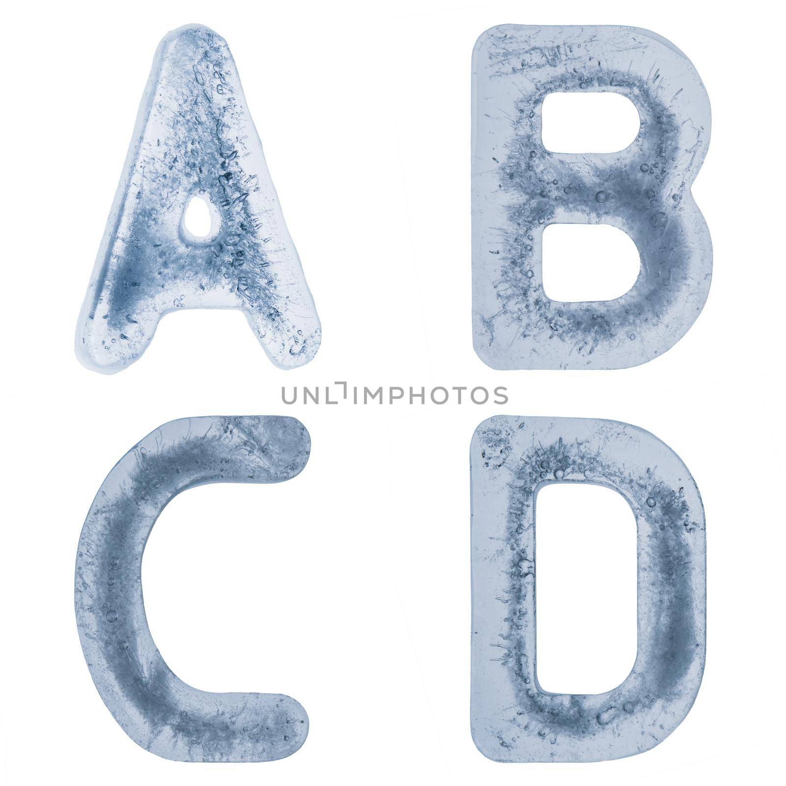 Letters A,B,C and D from an alphabet made out of ice.