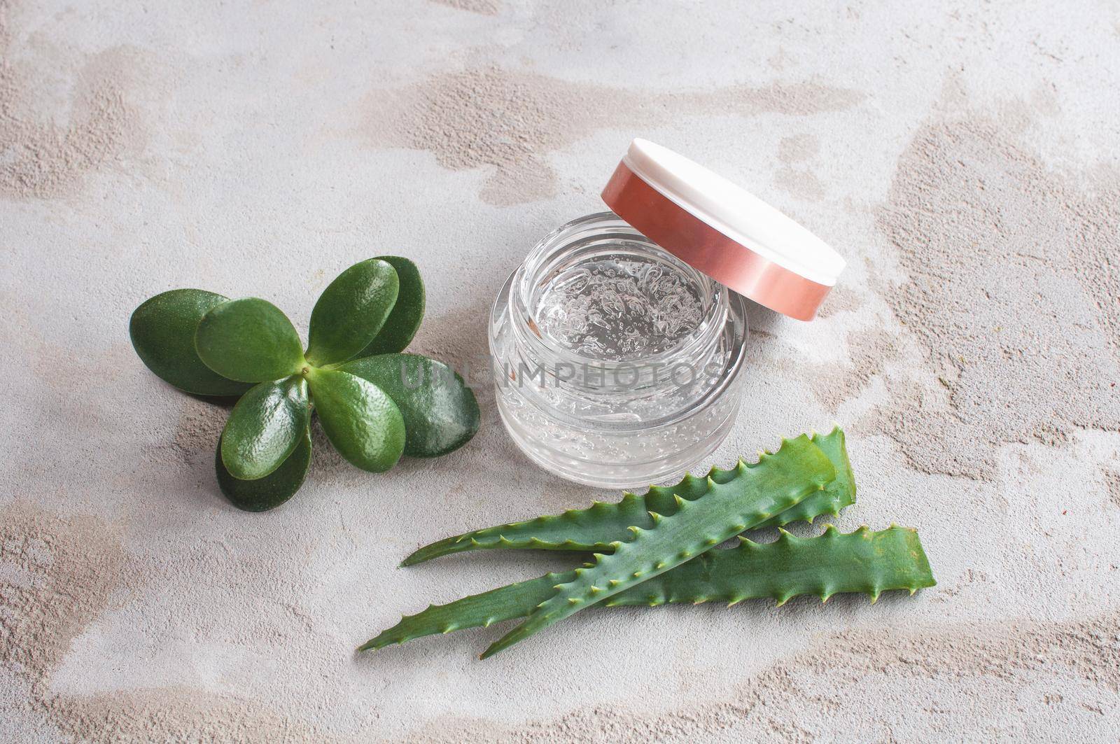 Gel texture with bubbles hyaluronic acid and aloe vera branches in a glass jar on a concrete background