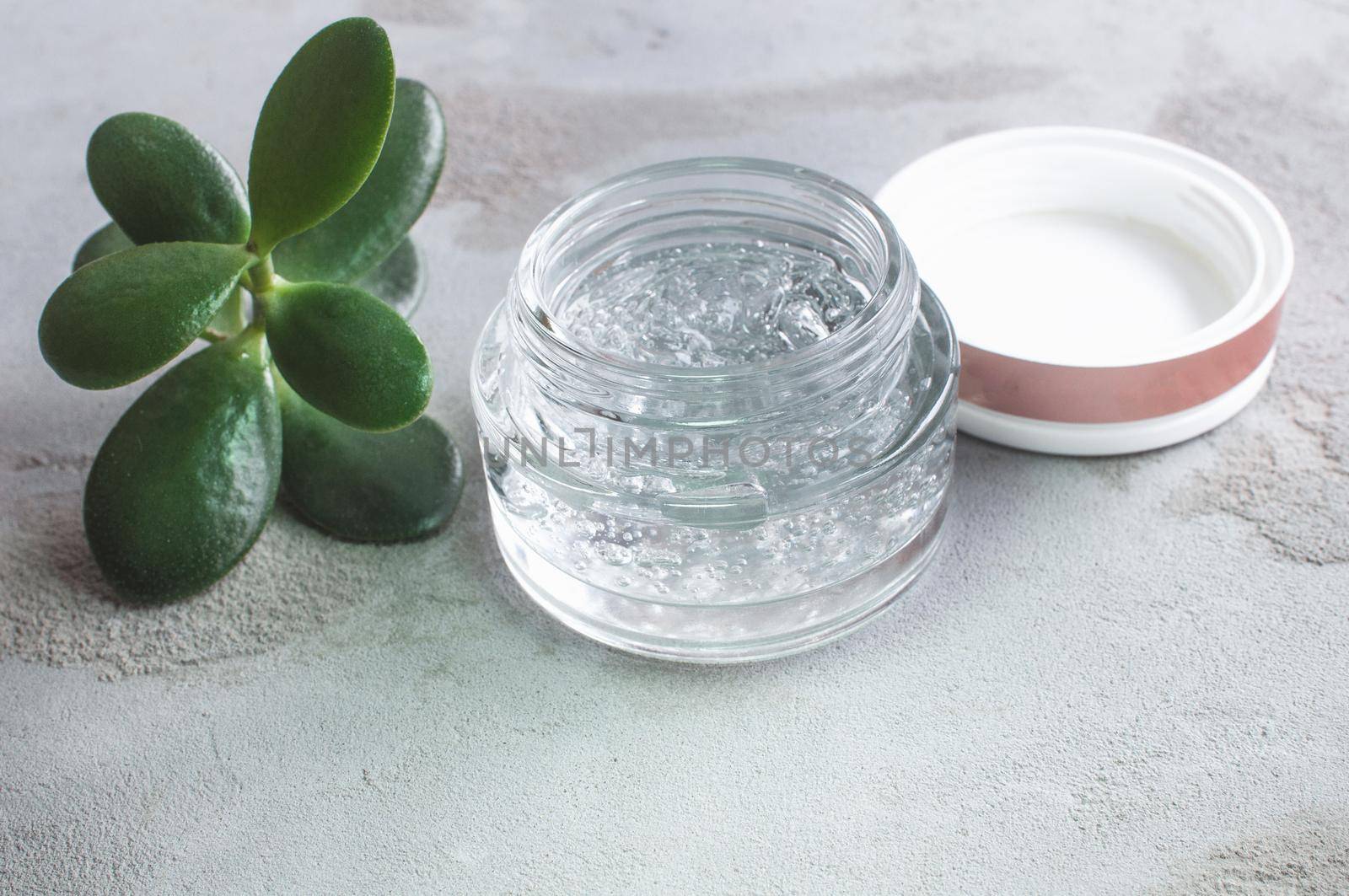 Gel texture with bubbles hyaluronic acid and aloe vera branches in a glass jar on a concrete background