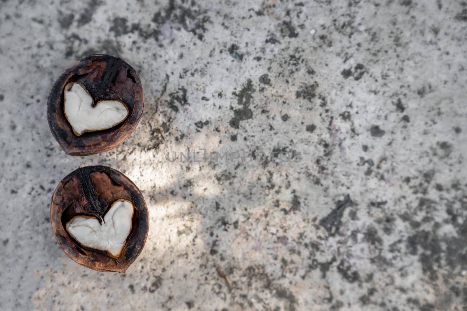 Two halves of split walnut with core in form of white hearts on stone textured background. Concept of Valentine's Day and health. by Laguna781
