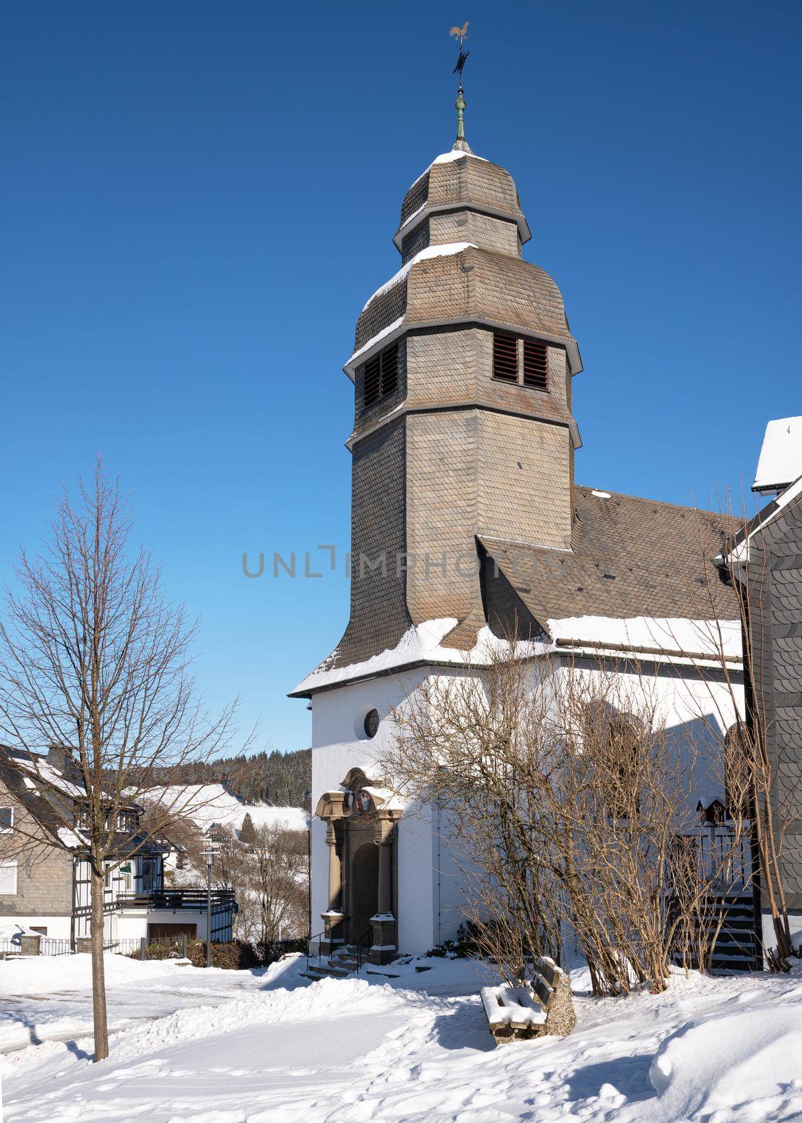 Chapel of village Nordenau during winter, Schmallenberg, Sauerland, Germany