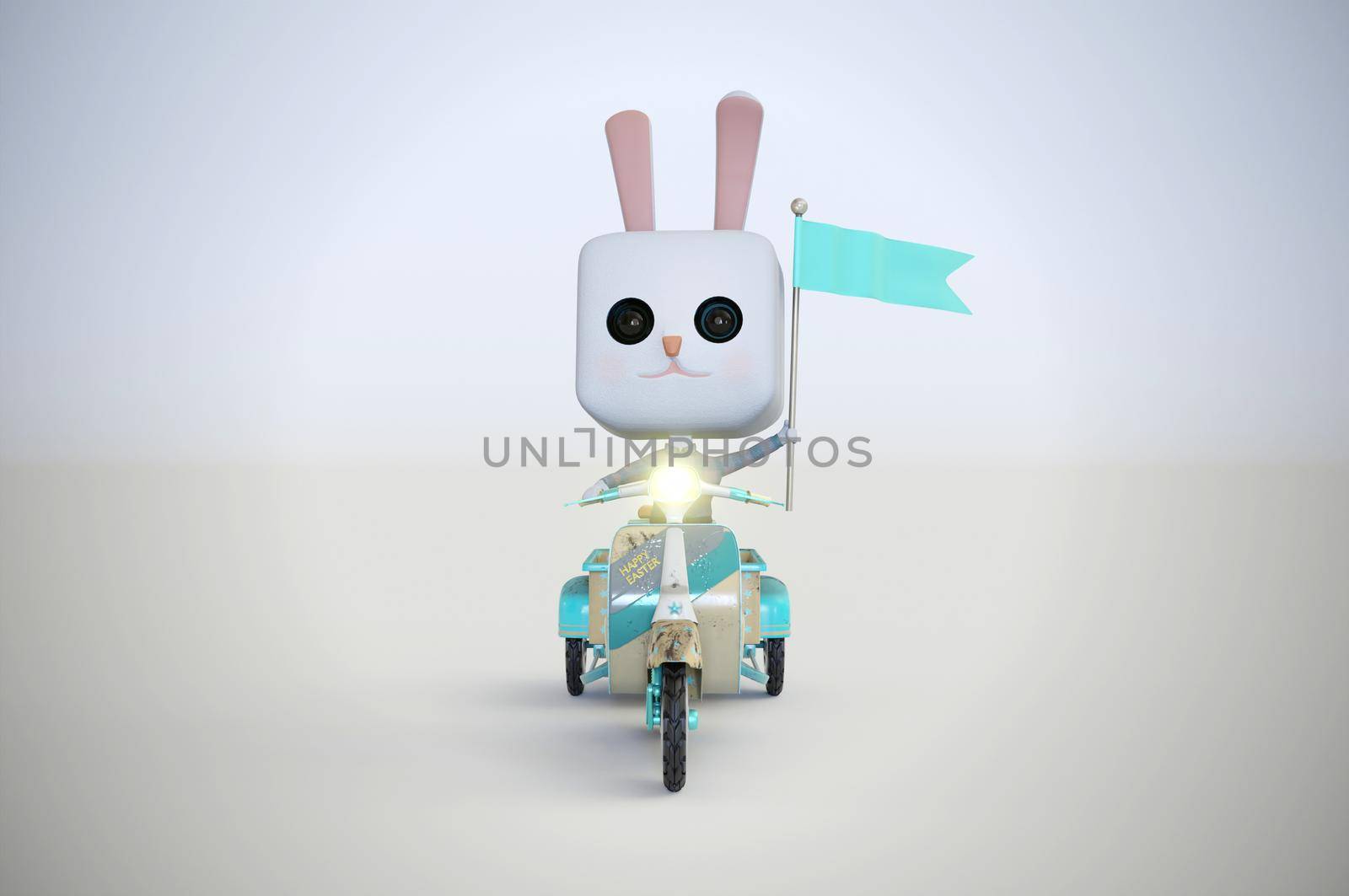 3d illustration. Easter bunny Rabbit riding a scooter .